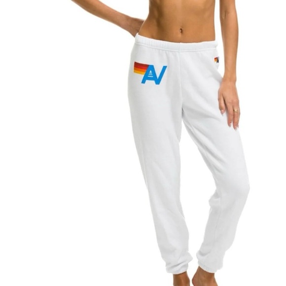 Aviator Nation Pants - Aviator nation white Sweatpants with Rainbow and Blue Logo EUC Large